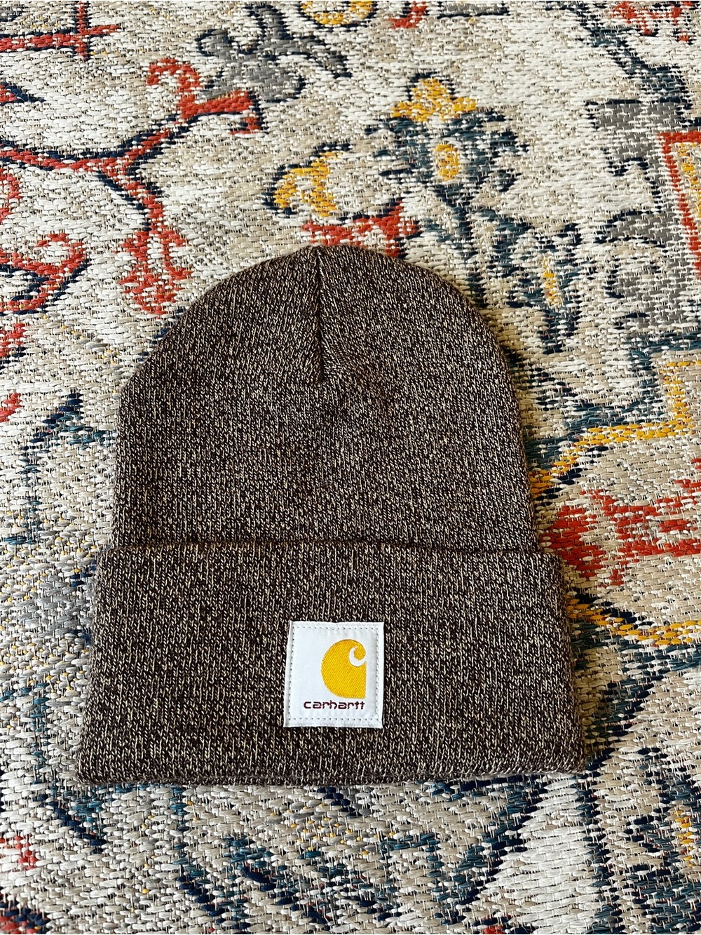 Carhartt Brown Marled Cuffed Beanie with Yellow Logo Patch
